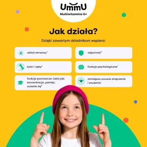 Infografika przedstawiająca jak działa suplement na odporność, zmęczenie, koncentrację, sprawny umysł i mózg UmmU Multiwitamina 6+ dla dzieci.