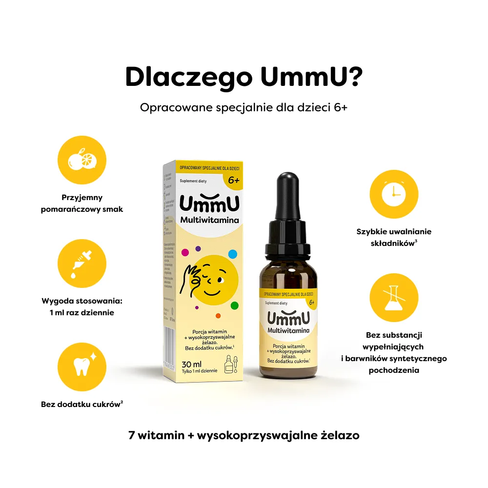 Infografika przedstawiająca dlaczego warto suplementować witaminy na odporność, koncentrację i zmęczenie UmmU Multiwitamina 6+ dla dzieci w płynie