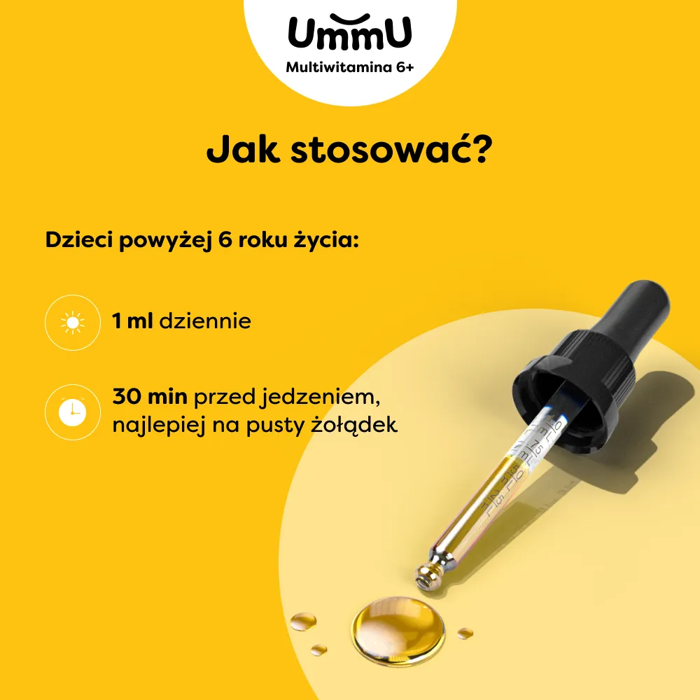 Infografika przedstawiająca jak stosować suplement diety na odporność i sprawne działanie mózgu oraz układu nerwowego Ummu Multiwitamina 6+ w płynie dla dzieci.