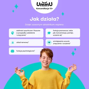 Infografika przedstawiająca jak działa suplement z witaminami na pamięć i koncentrację UmmU KoncentRacja 12+ dla nastolatków