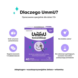 Infografika przedstawiająca dlaczego warto brać witaminy i składniki mineralne na pamięć i lepszą koncentrację, zawarte w suplemencie dla nastolatków UmmU KoncentRacja 12+