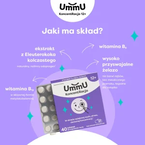 Infografika obrazująca skład suplementu UmmU Koncentracja 12+ z witaminą B12 i B6, żelazem oraz ekstraktem z Eleuterokoka kolczastego.