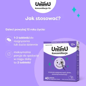 Infografika przedstawiająca jak stosować suplement diety UmmU KoncentRacja 12+ w tabletkach do rozgryzania dla nastolatków.