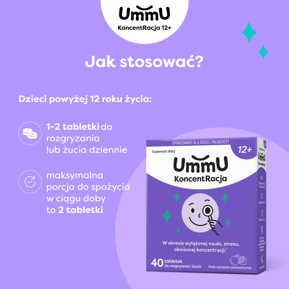 Infografika przedstawiająca jak stosować suplement diety UmmU KoncentRacja 12+ w tabletkach do rozgryzania dla nastolatków.