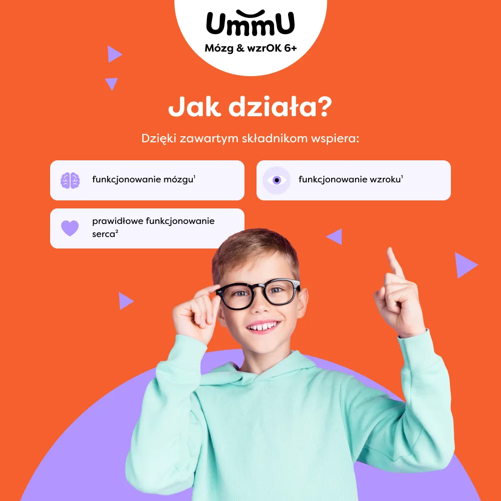 Infografika przedstawiająca jak działa suplement diety dla dzieci UmmU Mózg & WzrOk 6+.