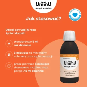 Infografika pokazująca jak stosować suplement UmmU Mózg & WzrOk 6+ dla dzieci na poprawę funkcji poznawczych.