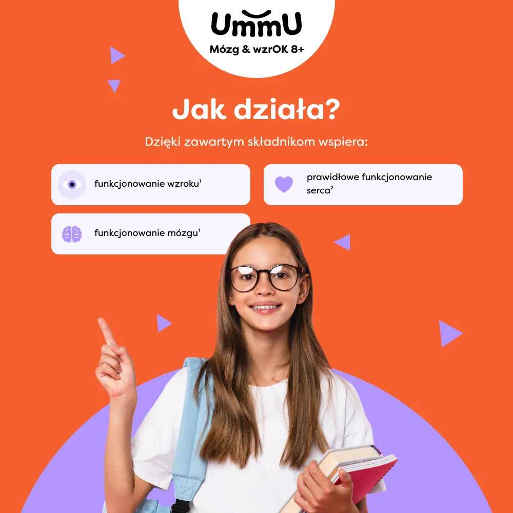 Infografika pokazująca jak działa suplement diety na zwiększenie funkcji poznawczych u dzieci i dorosłych UmmU Mózg & WzrOk 8+.