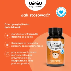 Infografika przedstawiająca jak stosować kapsułki UmmU Mózg&WzrOk 8+ dla dzieci i dorosłych
