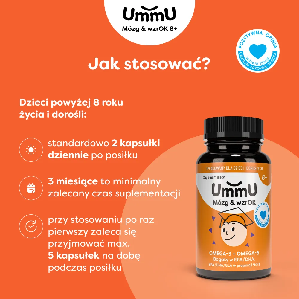 Infografika przedstawiająca jak stosować kapsułki UmmU Mózg&WzrOk 8+ dla dzieci i dorosłych
