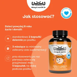 Infografika przedstawiająca jak stosować kapsułki UmmU Mózg&WzrOk 8+ dla dzieci i dorosłych