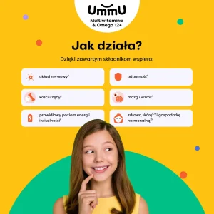 Infografika przedstawiająca jak działa suplement UmmU Multiwitamina 12+ dla nastolatków zawierający witaminy na odporność, witaminy na koncentrację i pamięć i układ nerwowy.