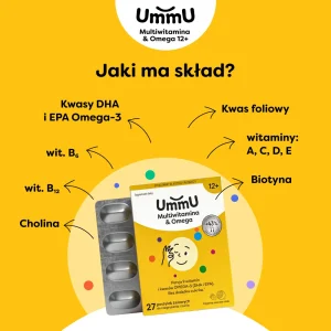 Infografika przedstawiająca skład UmmU Multiwitamina 12+ dla nastolatków z kwasami omega-3, witaminami A, C, D, E oraz witaminami z grupy B