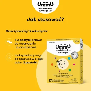 Infografika przedstawiająca jak stosować suplement diety UmmU Multiwitamina & Omega 12+ w żelkach