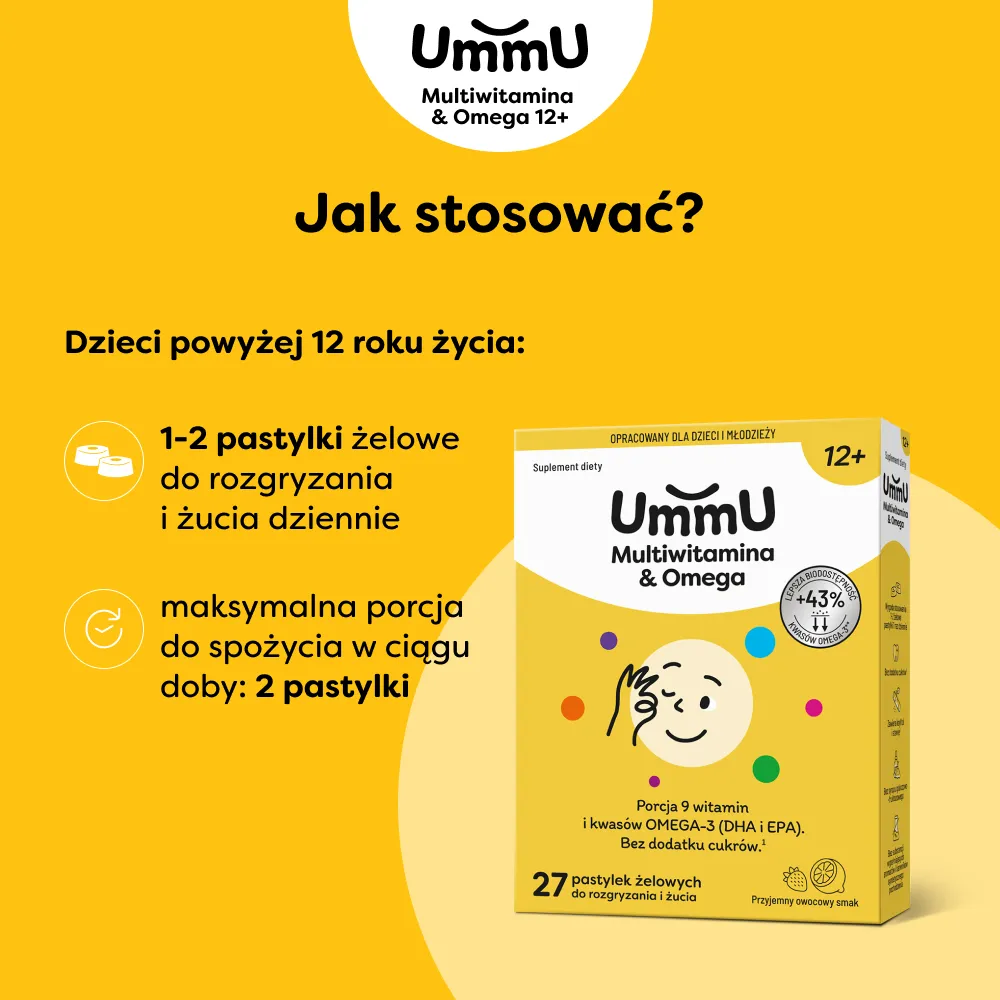 Infografika przedstawiająca jak stosować suplement diety UmmU Multiwitamina & Omega 12+ w żelkach