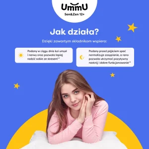 Infografika przedstawiająca jak działa suplement UmmU Sen & Zen 12+ dla nastolatków zawierający witaminy i składniki odżywcze wspierające sen i uspokojenie.