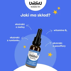 Infografika przedstawiająca skład suplementu diety UmmU Sen & Zen 12+ dla starszych dzieci i nastolatków