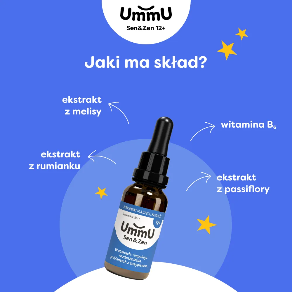 Infografika przedstawiająca skład suplementu diety UmmU Sen & Zen 12+ dla starszych dzieci i nastolatków