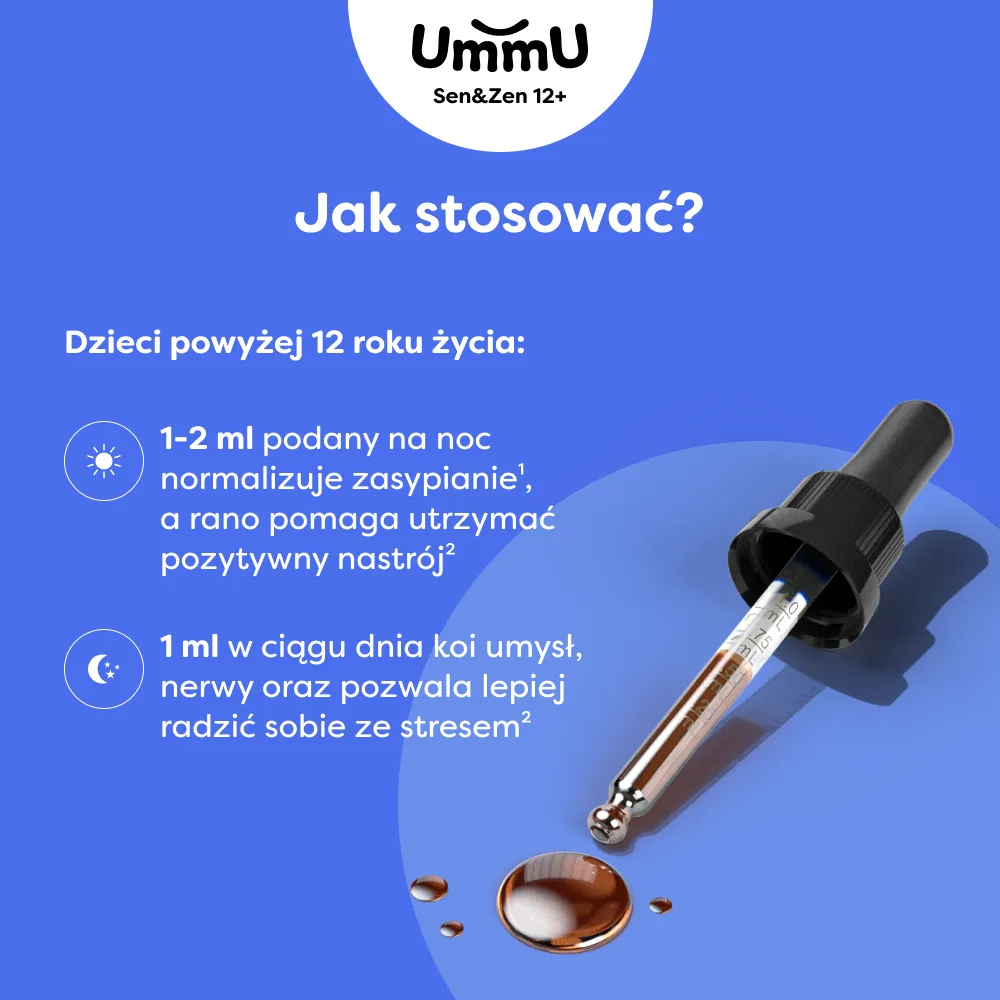 Infografika przedstawiająca jak stosować suplement UmmU Sen & Zen 12+ w płynie z pipetką do odmierzania dla starszych dzieci i nastolatków