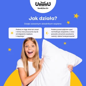 Infografika przedstawiająca jak działa suplement UmmU Sen & Zen 6+ dla dzieci, które mają problemy z zasypianiem i stresem.