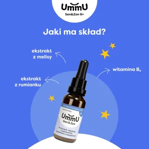 Infografika przedstawiająca jaki skład ma suplement na sen oraz uspokojenie i stres dla dzieci UmmU Sen & Zen 6+