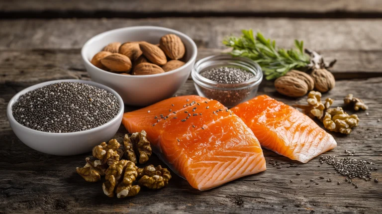 Na drewnianym blacie leżą produkty bogate w kwasy tłuszczowe omega-3-6-9, m.in. łosoś, siemię lniane, oliwki, migdały i orzechy.
