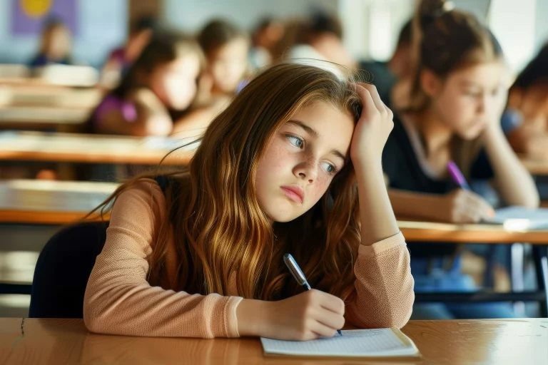 Dziewczynka o brązowych włosach siedzi znudzona na lekcji, mając problem ze skupieniem i koncentracją uwagi.