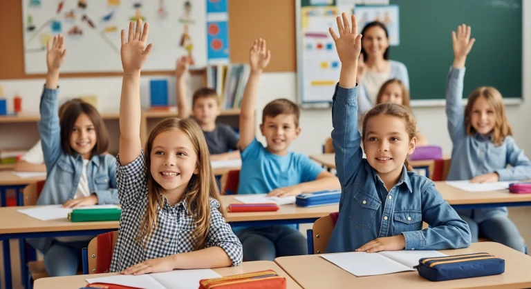 Dzieci w wieku wczesnoszkolnym podnoszą ręce do odpowiedzi na lekcji w klasie, po zrobieniu ćwiczeń na koncentrację.