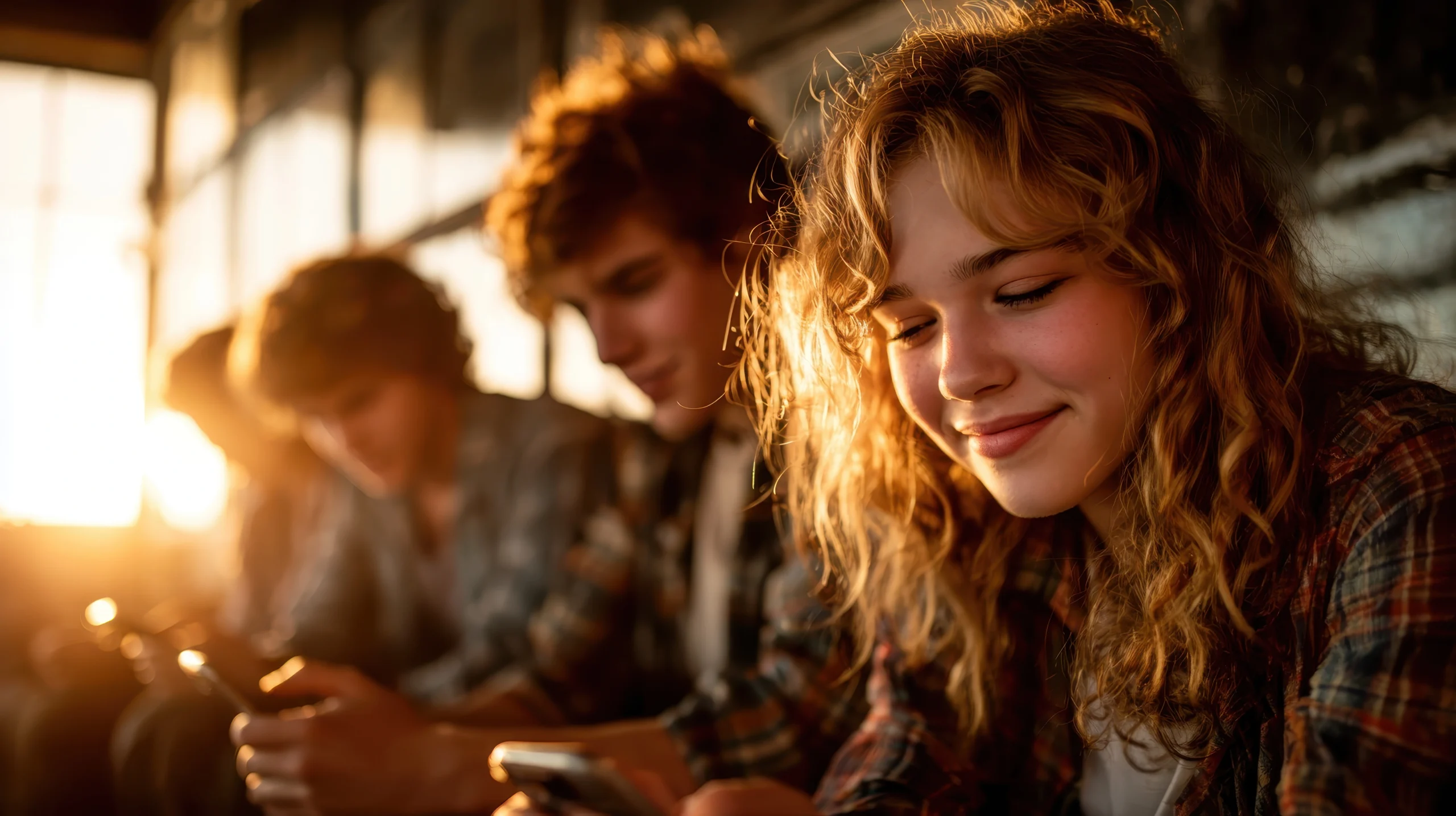 Nastolatki siedzą obok siebie na ławce na dworze w świetle zachodzącego słońca i scrollują na smartfonach.