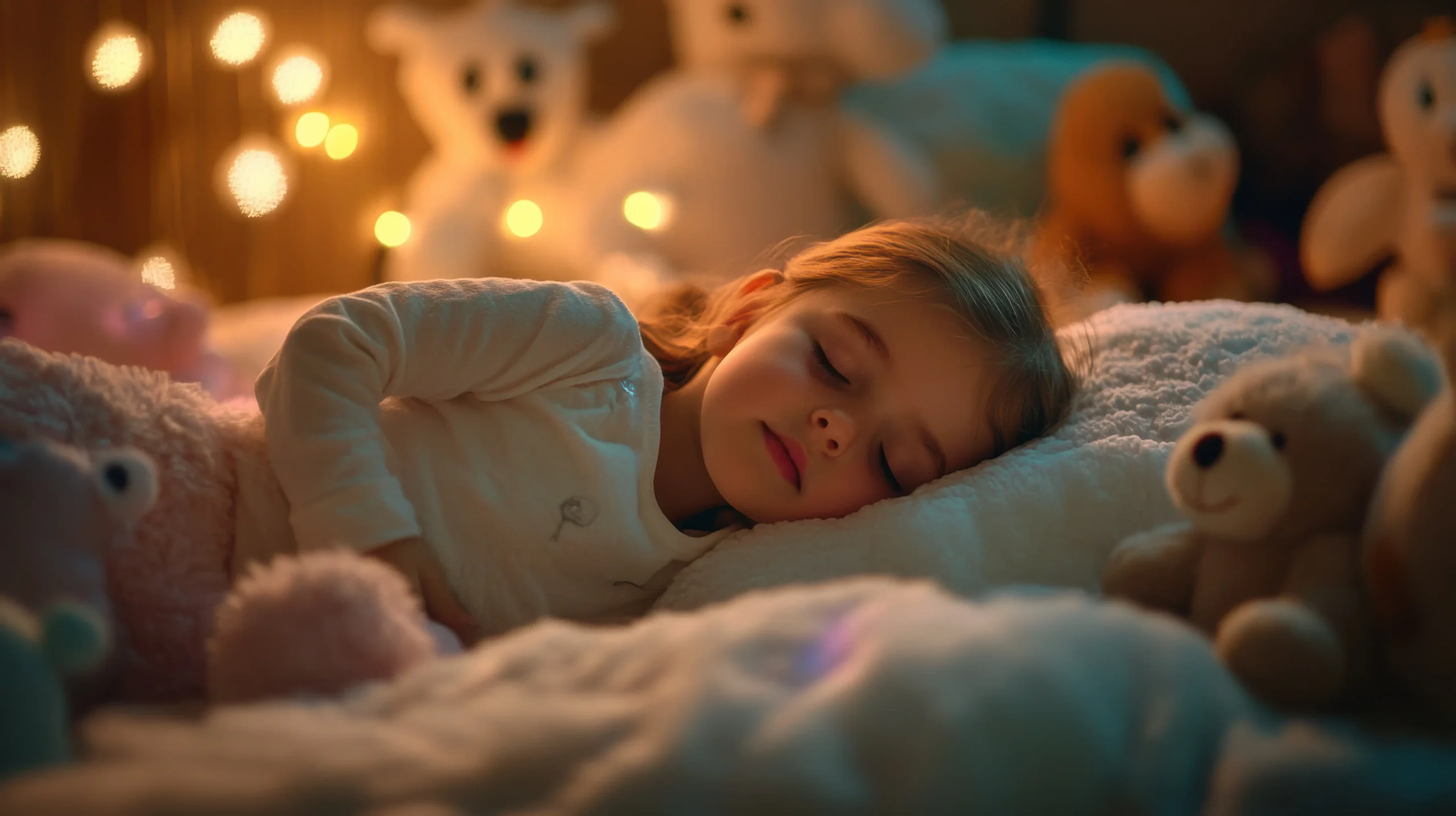 Małą dziewczynka w wieku szkolnym śpi w swoim pokoju otoczona pluszowymi misiami, za nią świecą się lampki o ciepłym zabarwieniu.