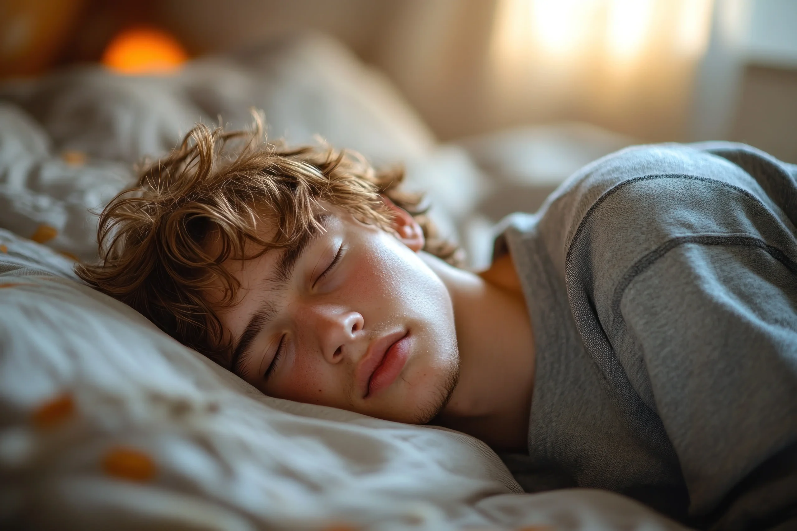 Nastolatek o jasnych kręconych włosach w szarej koszulce śpi w łóżku w swoim pokoju.