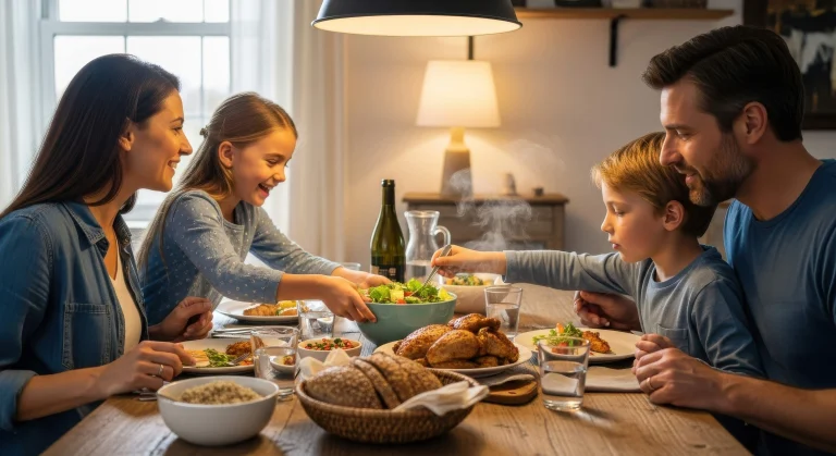 Rodzina - mama, tata, córka i syn - je wspólnie kolację wieczorową porą.