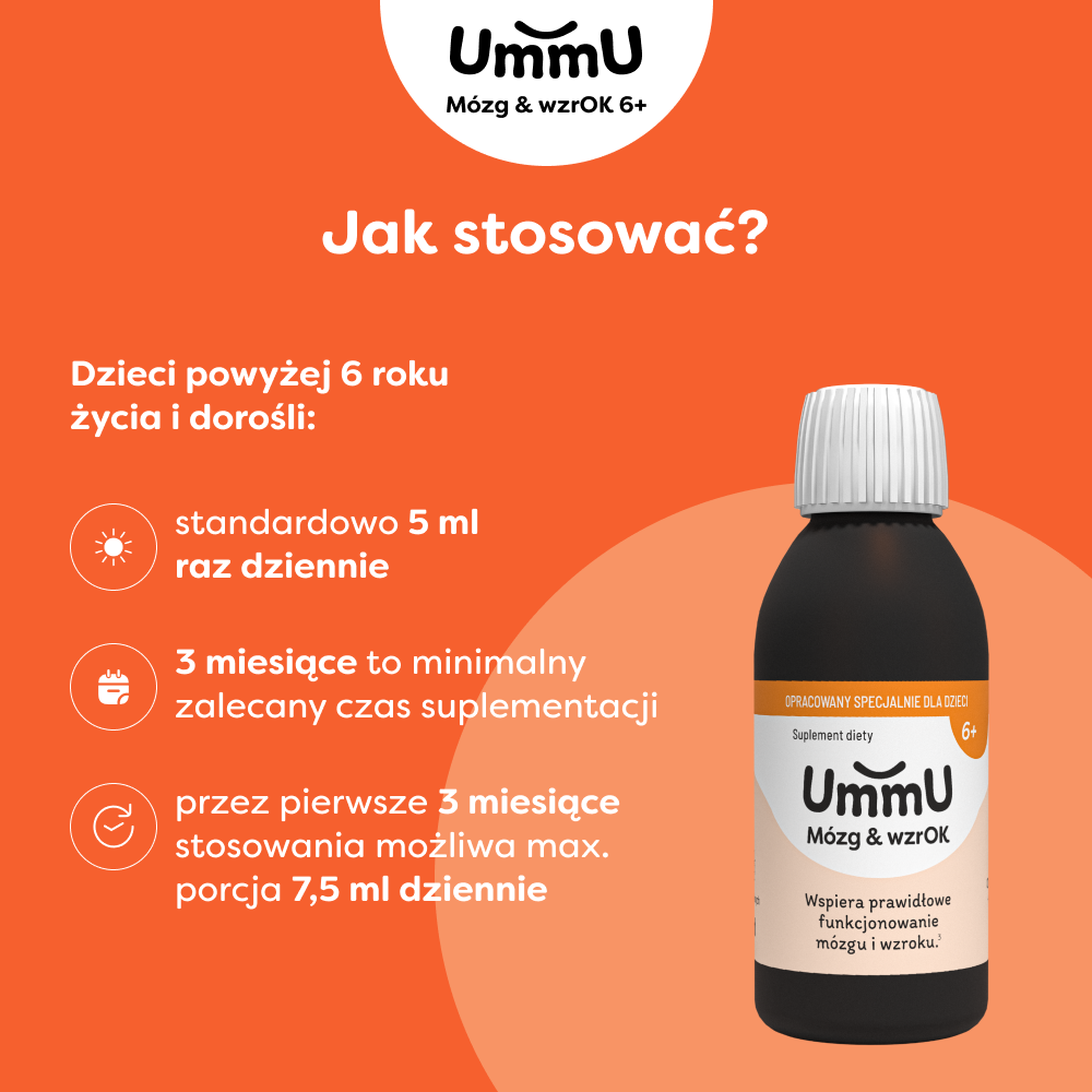 Grafika przedstawiająca jak stosować suplement diety dla dzieci UmmU Mózg & wzrOK 6+